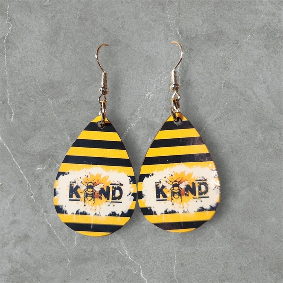 Hand Crafted Jewelry - Yellow and Black Striped BEE KIND 🐝 Teardrop Earrings. Hand Crafted